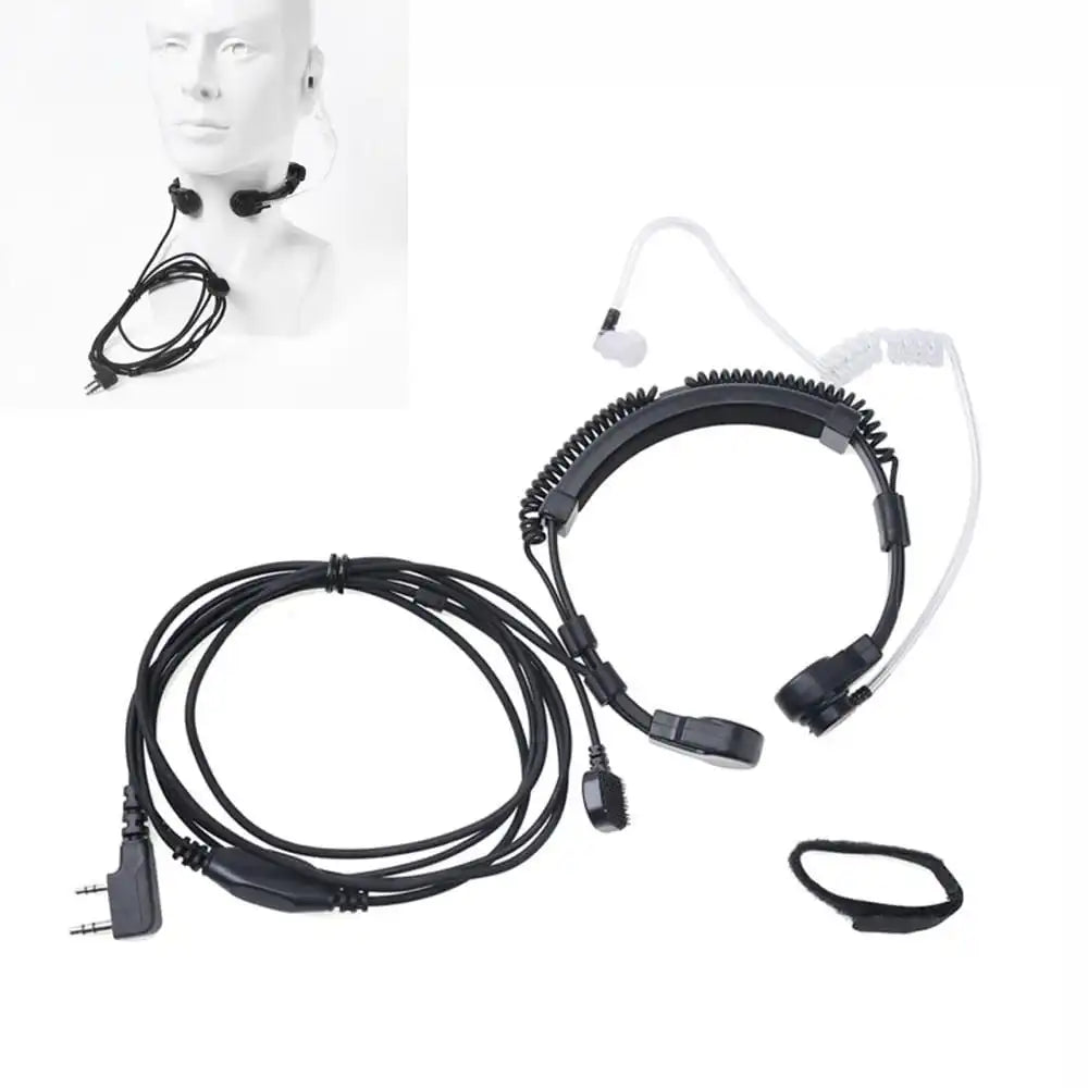 Kehlkopfmikrofon-Headset für Baofeng UV-5R mit diskretem Akustikschlauch-Ohrhörer und integrierter PTT-Taste, ideal für laute Umgebungen wie Baustellen oder Sportveranstaltungen.