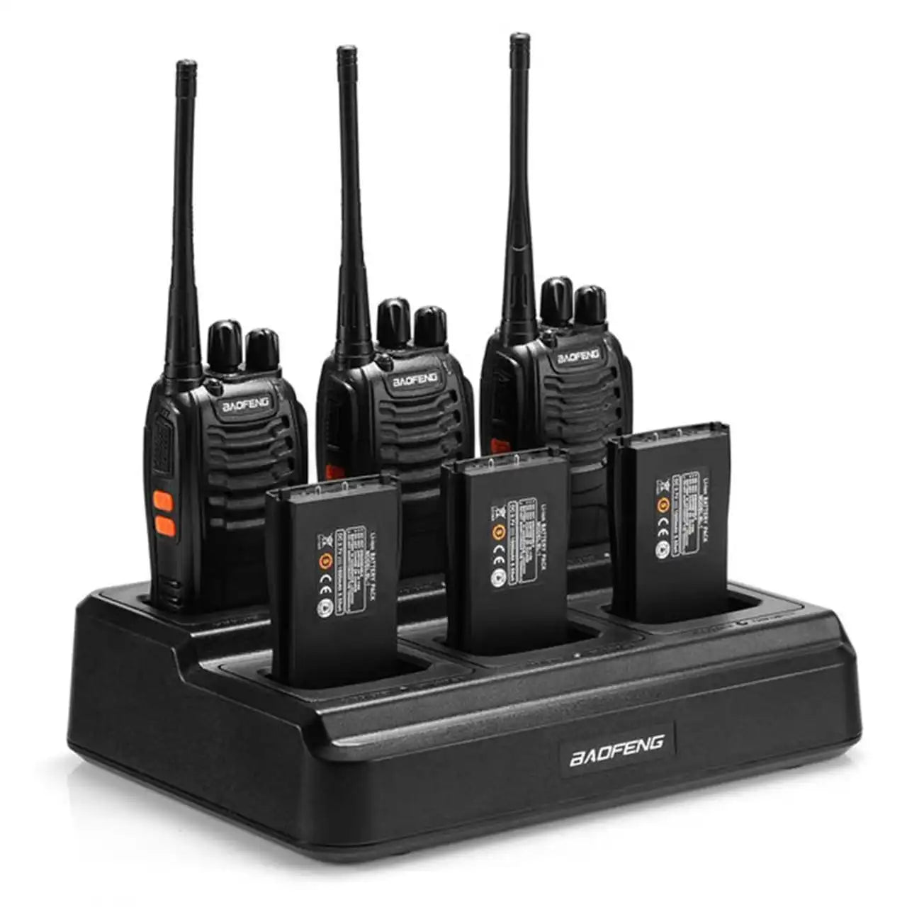 Baofeng BF-888S UHF-Funkgeräte aufgereiht in der 6-fach-Ladestation, bereit für zuverlässige Zwei-Wege-Kommunikation über große Distanzen.