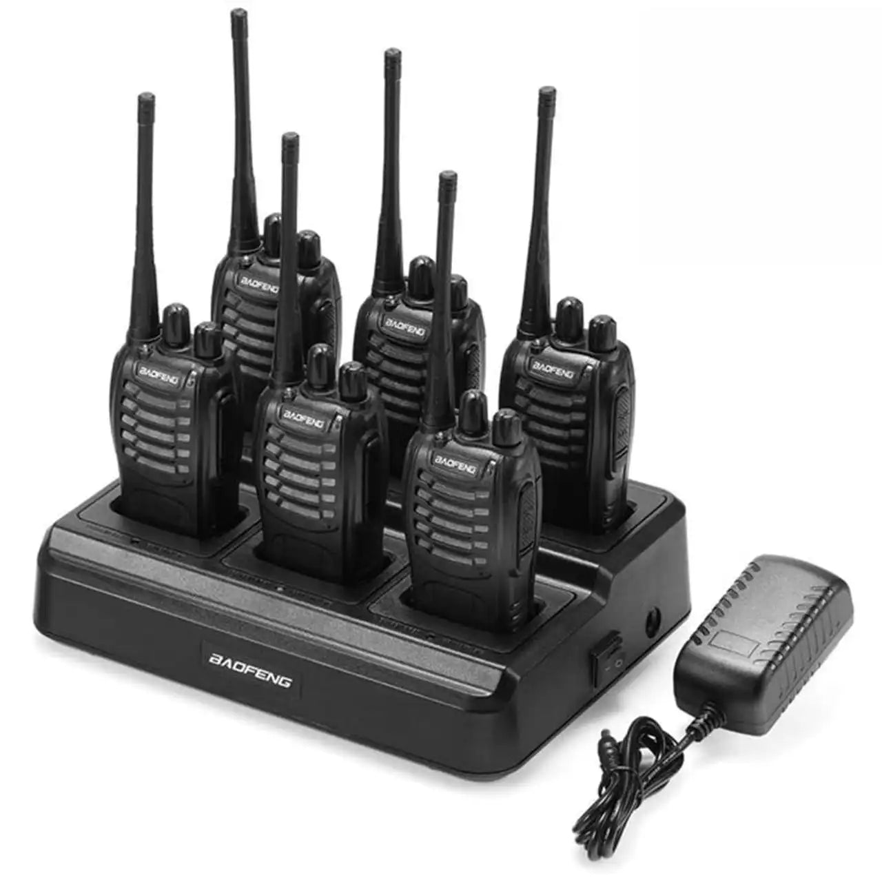 Nahaufnahme des Baofeng 6-fach-Ladegeräts, das sechs BF-888S Walkie-Talkies gleichzeitig auflädt, ideal für Team-Einsätze.