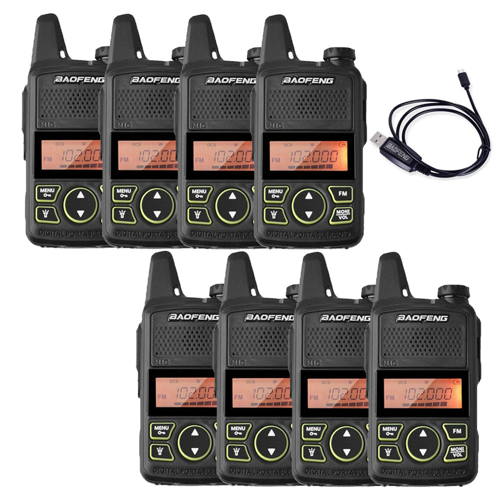 8er-Set Baofeng T1 Mini-Funkgeräte mit Programmierkabel für erweiterte Funktionen.