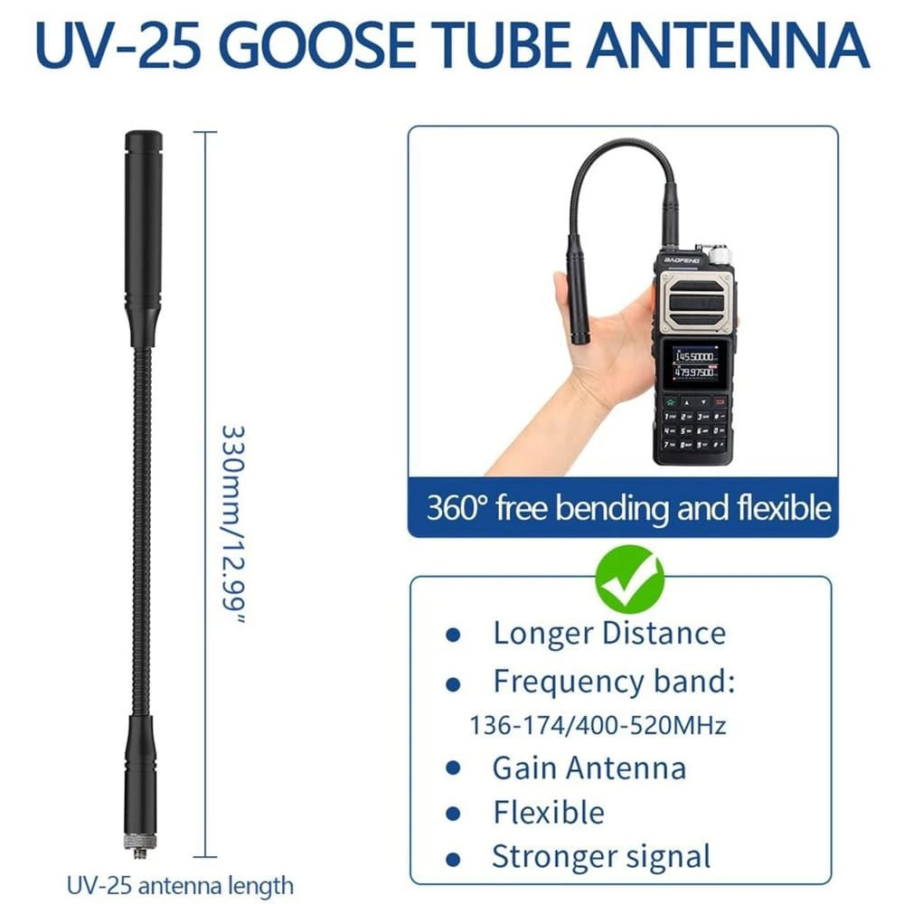 Flexible Schwanenhalsantenne (330 mm) für das Baofeng UV-25 Walkie-Talkie, die 360° Biegung und verbesserte Signalstärke für längere Distanzen bietet.