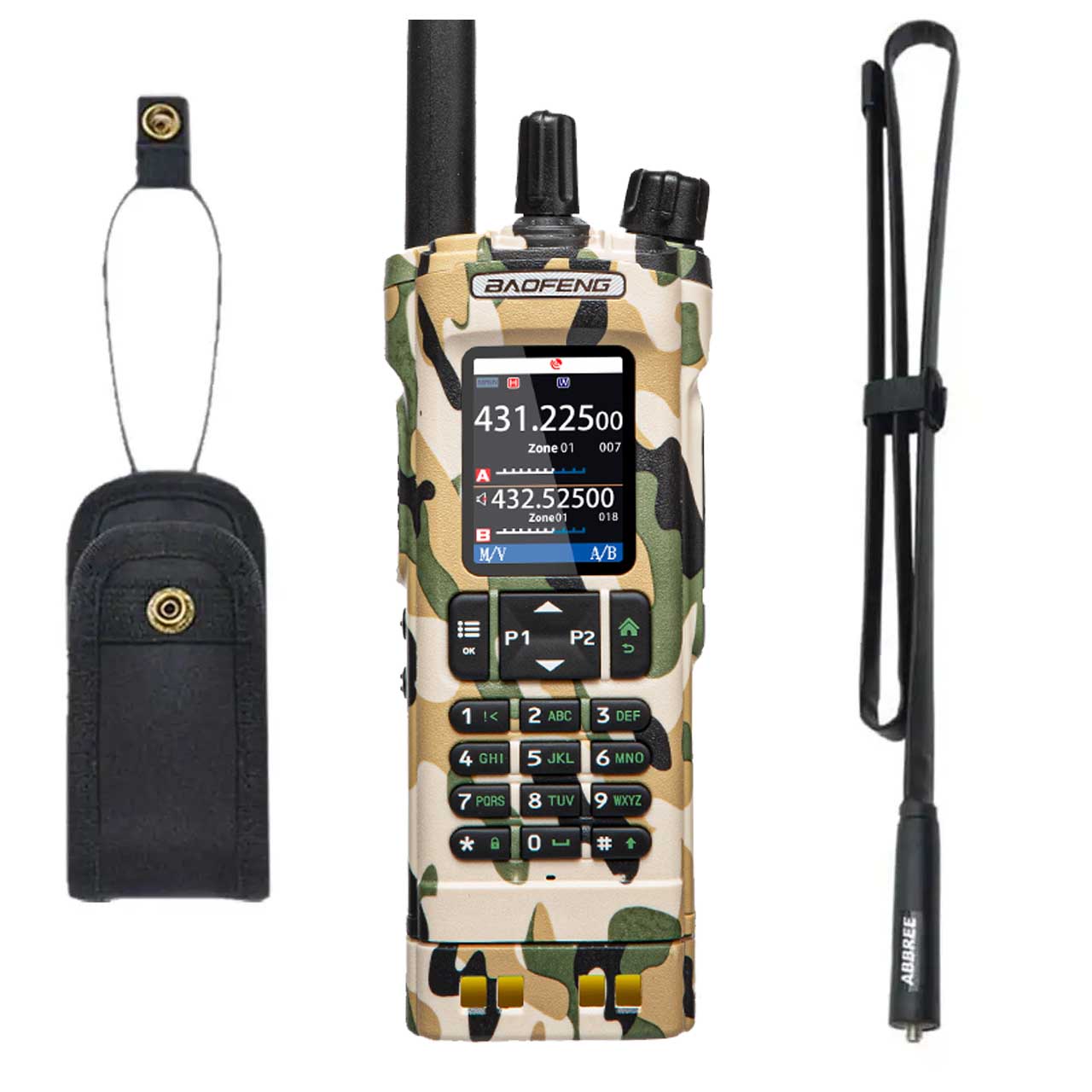 Baofeng UV-32 10W GPS Walkie-Talkie in Tarnung mit Bluetooth-Programmierung und einer 108 cm CS Tactical Antenne für maximale Reichweite.