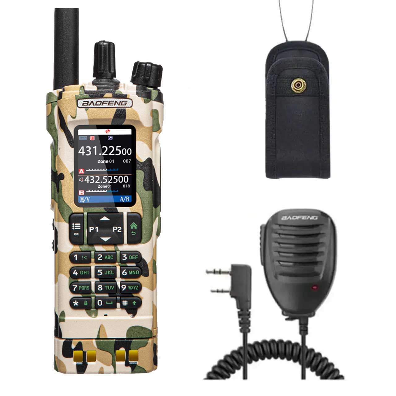 Baofeng UV-32 GPS 10W Funkgerät in Tarnung mit Bluetooth-Programmierung und Lautsprechermikrofon, ideal für robuste Anwendungen.