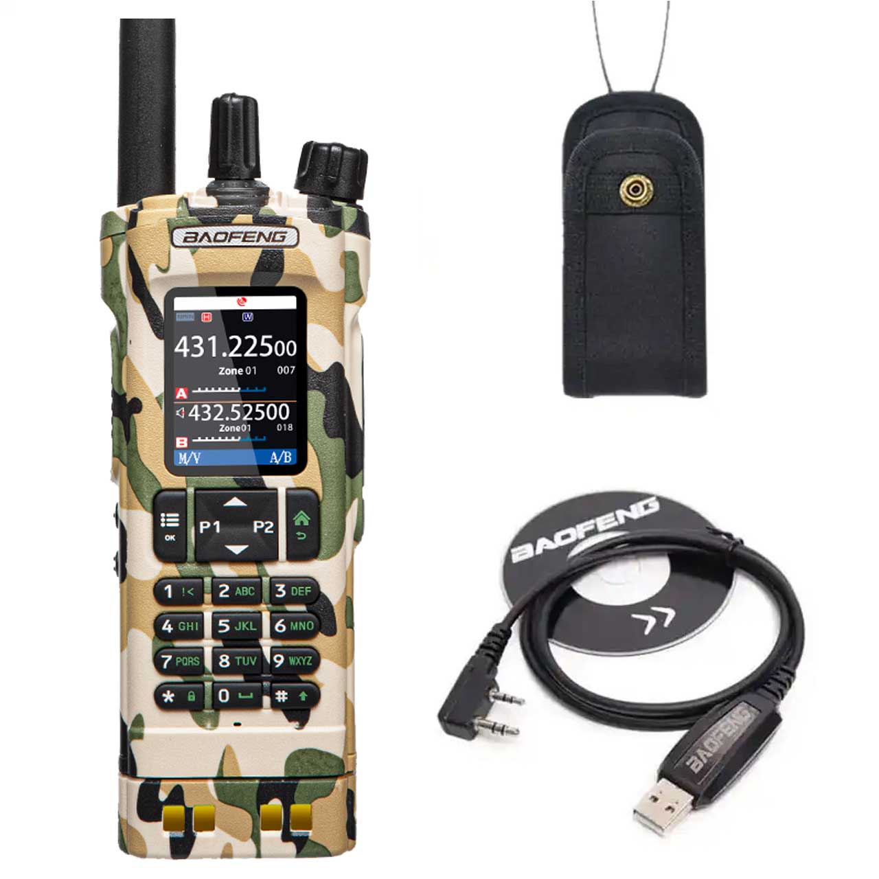 Baofeng UV-32 GPS 10W Walkie-Talkie, Multiband-Zweiwege-Funkgerät in Tarnung mit Programmierkabel.