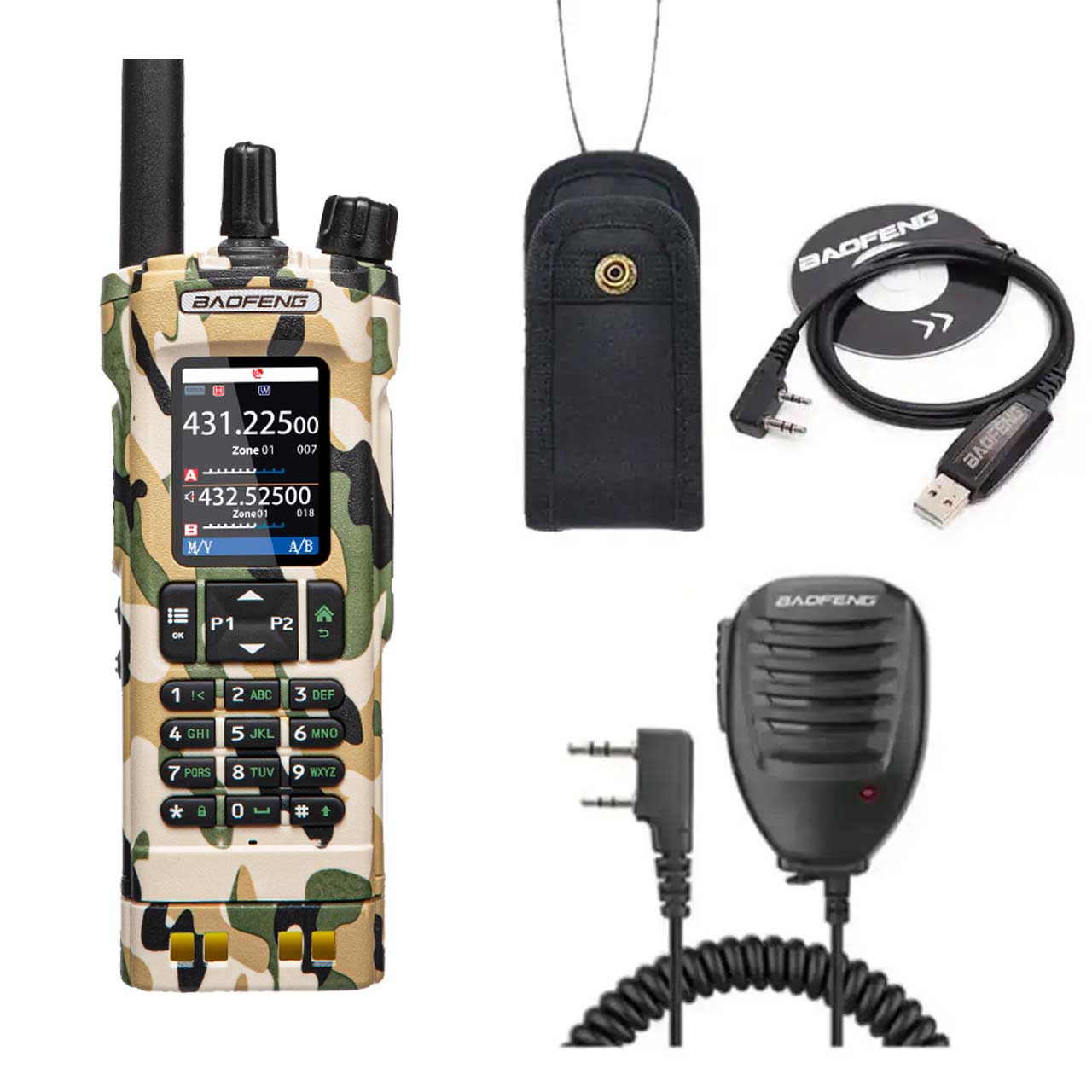Baofeng UV-32 GPS 10W Walkie-Talkie in Tarnung mit Bluetooth-Programmierung, Multiband-Funktion,  Lautsprechermikrofon und Programmierkabel.