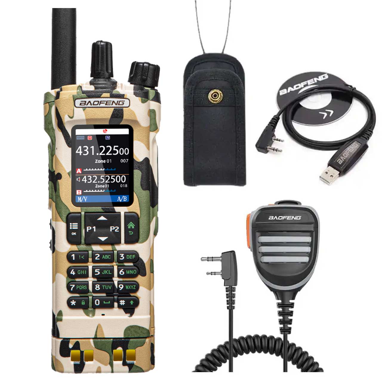 Baofeng UV-32 GPS 10W Walkie-Talkie in Tarnung mit Bluetooth-Programmierung, Multiband-Funktion, wasserdichtem Lautsprechermikrofon und Programmierkabel.