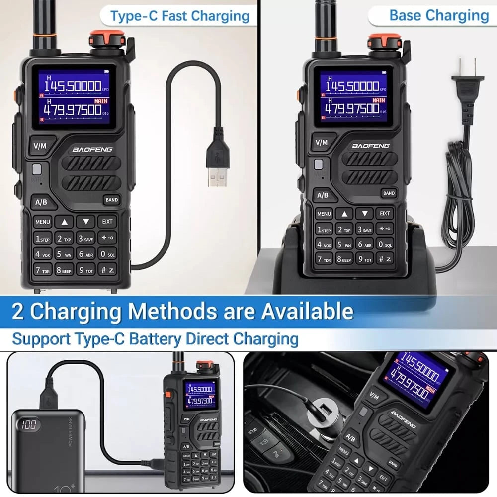 Baofeng UV-K5 Plus Walkie-Talkie mit zwei Lademethoden: USB-C Schnellladung und Basis-Ladestation