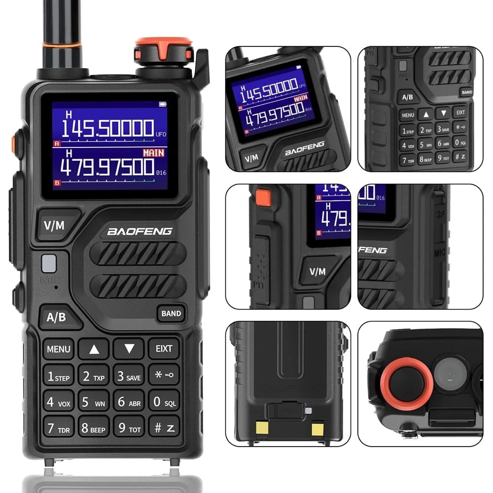 Detailansichten des Baofeng UV-K5 Plus Walkie-Talkies, einschließlich Display, Tastenfeld und Seitenansichten