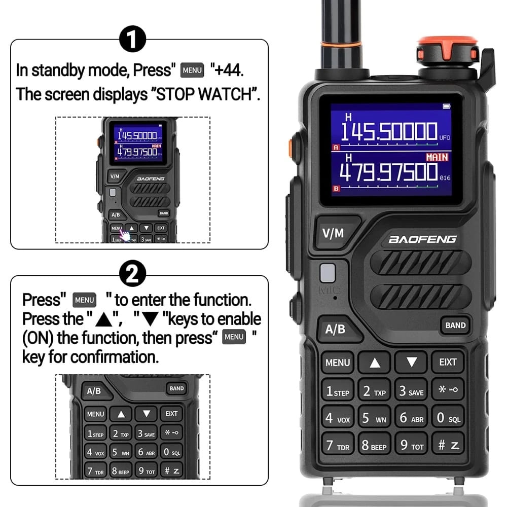 Anleitung zur Aktivierung der Stoppuhr-Funktion auf dem Baofeng UV-K5 Plus Walkie-Talkie Display