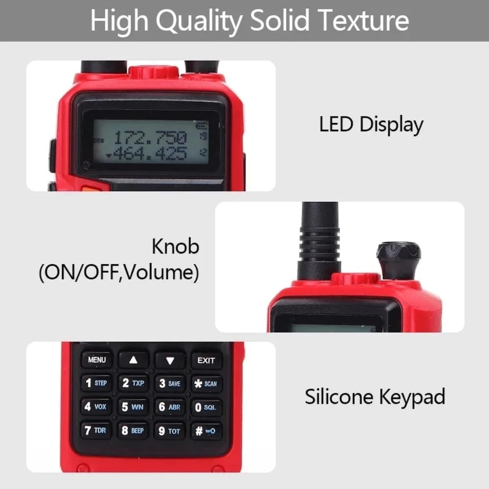 Baofeng UV-S9 Tri-Band Funkgerät in Rot, Detailansicht des LED-Displays, An/Aus-Lautstärkereglers und der robusten Silikontastatur.