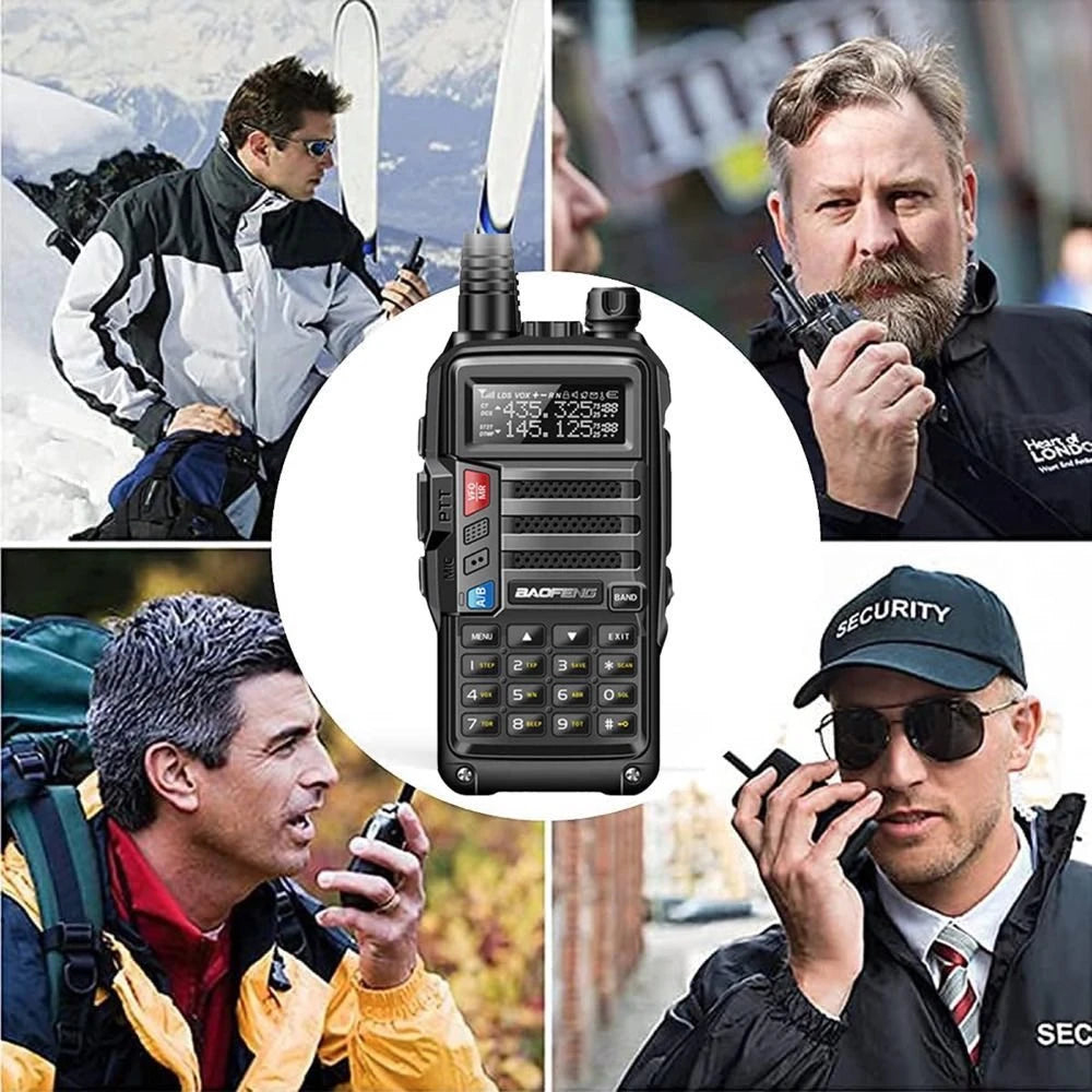 aofeng UV-S9 Tri-Band 8W Funkgerät, umgeben von Bildern von Personen, die Walkie-Talkies in verschiedenen Einsatzbereichen nutzen, darunter beim Skifahren, Wandern und im Sicherheitsdienst.