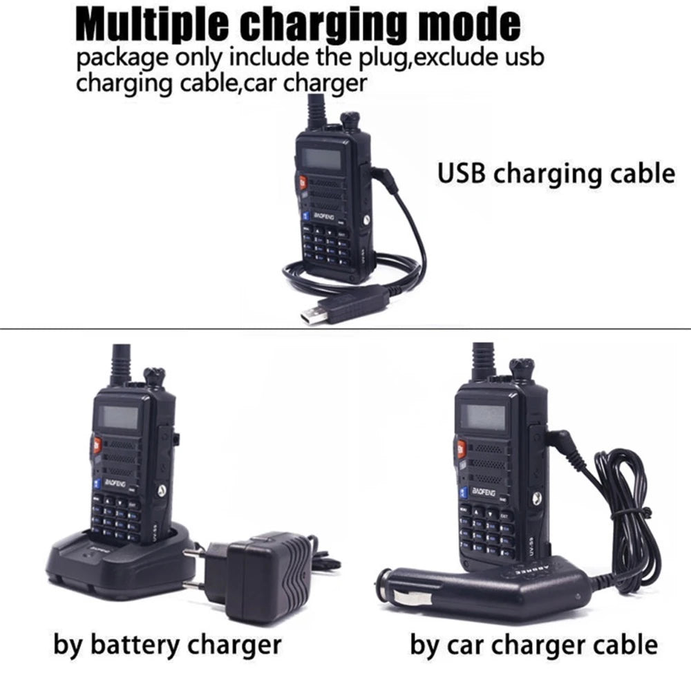 Vielseitige Ladeoptionen für das schwarze Baofeng UV-S9 Tri-Band Funkgerät: USB-Kabel, Akkuladegerät und Kfz-Ladekabel.