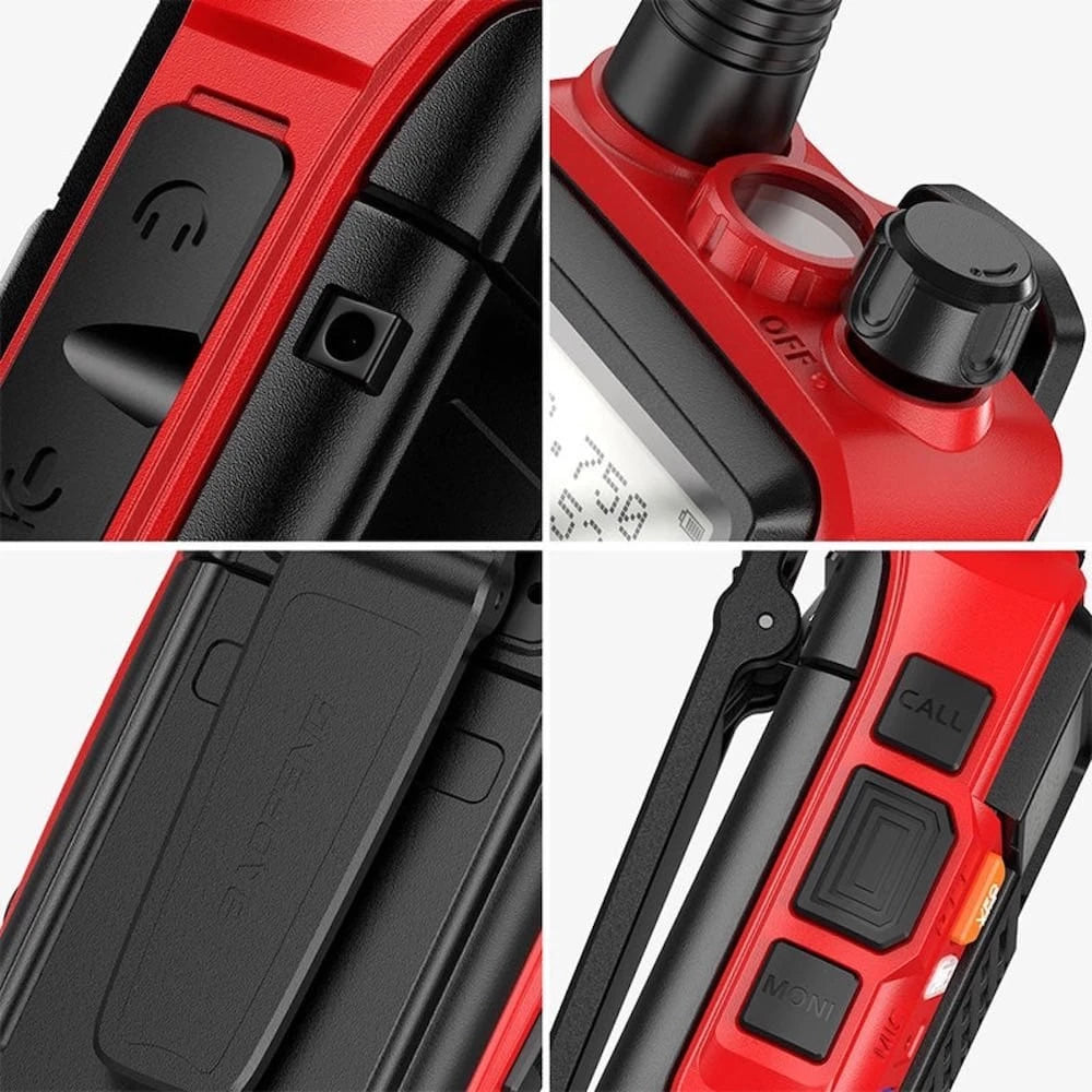 Detaillierte Ansicht des roten Baofeng UV-S9 Tri-Band Funkgeräts, zeigt Kopfhöreranschluss, Lautstärkeregler, Gürtelclip und PTT-Taste.