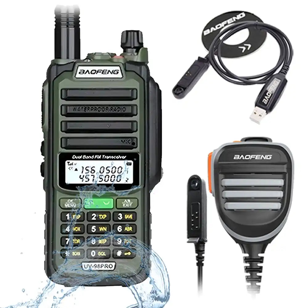 Baofeng UV-98 Pro 8W IP68 wasserdichtes Dualband Funkgerät in Grün mit Programmierkabel und wasserdichtem externen Lautsprechermikrofon