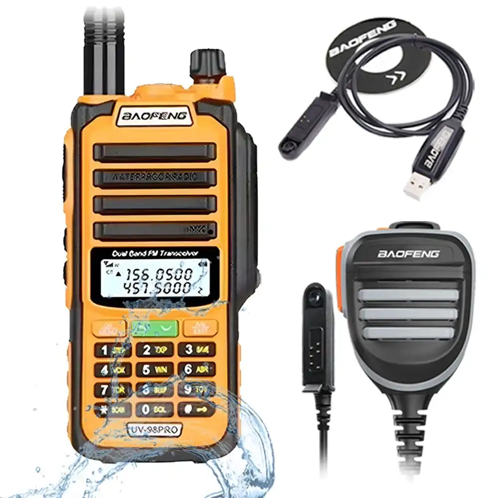 Baofeng UV-98 Pro 8W IP68 wasserdichtes Dualband Funkgerät in Orange mit Programmierkabel und wasserdichtem externen Lautsprechermikrofon