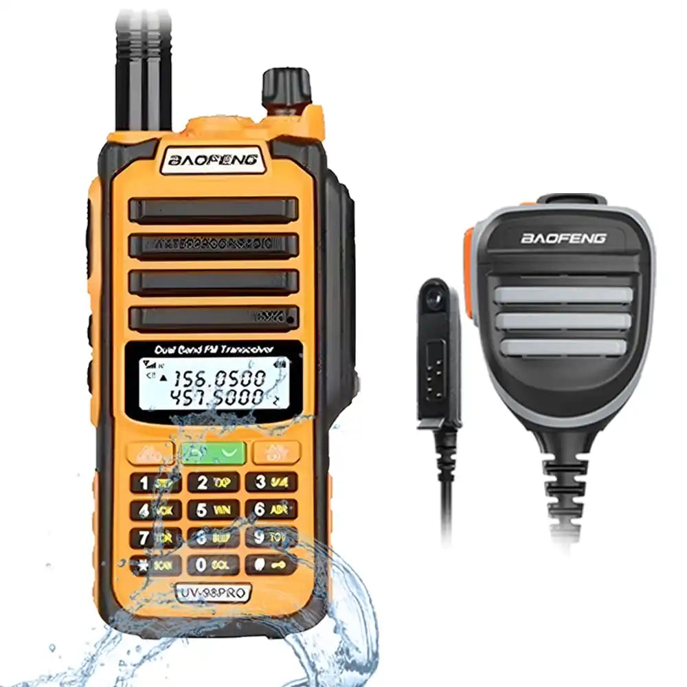 Baofeng UV-98 Pro 8W IP68 wasserdichtes Dualband Walkie-Talkie in Orange mit wasserdichtem externen Lautsprechermikrofon