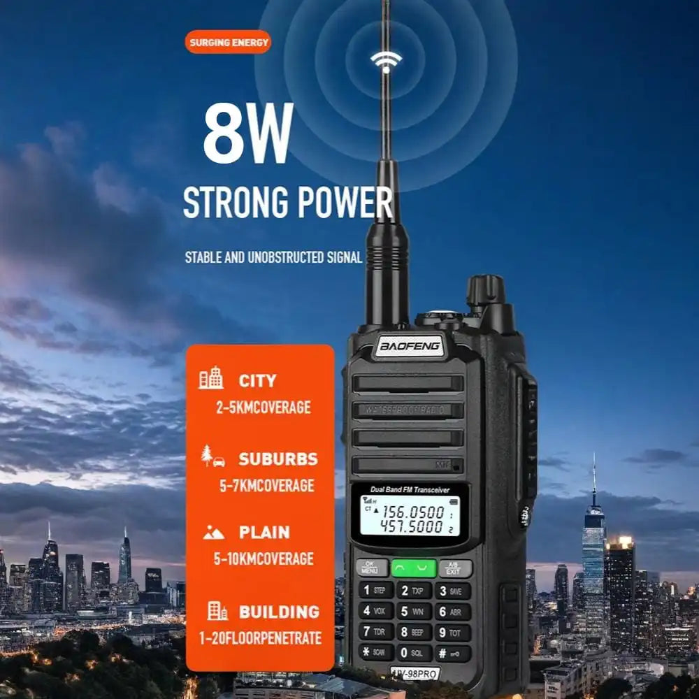 Darstellung der großen Reichweite des Baofeng UV-98 Pro Walkie-Talkies.