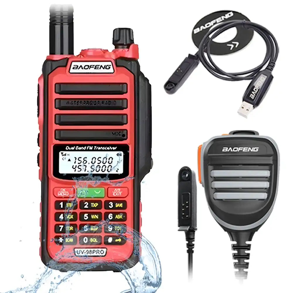 Baofeng UV-98 Pro 8W IP68 wasserdichtes Dualband Funkgerät in Rot mit Programmierkabel und wasserdichtem externen Lautsprechermikrofon