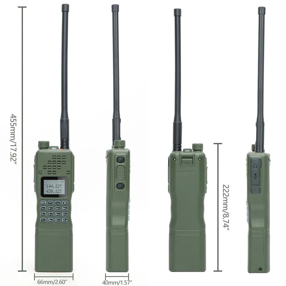 Maße des grünen Baofeng AR-152 Funkgeräts: 455mm Höhe, 66mm Breite, 40mm Tiefe, mit Antenne und ohne Antenne (222mm), detaillierte Abmessungen für technische Spezifikationen.