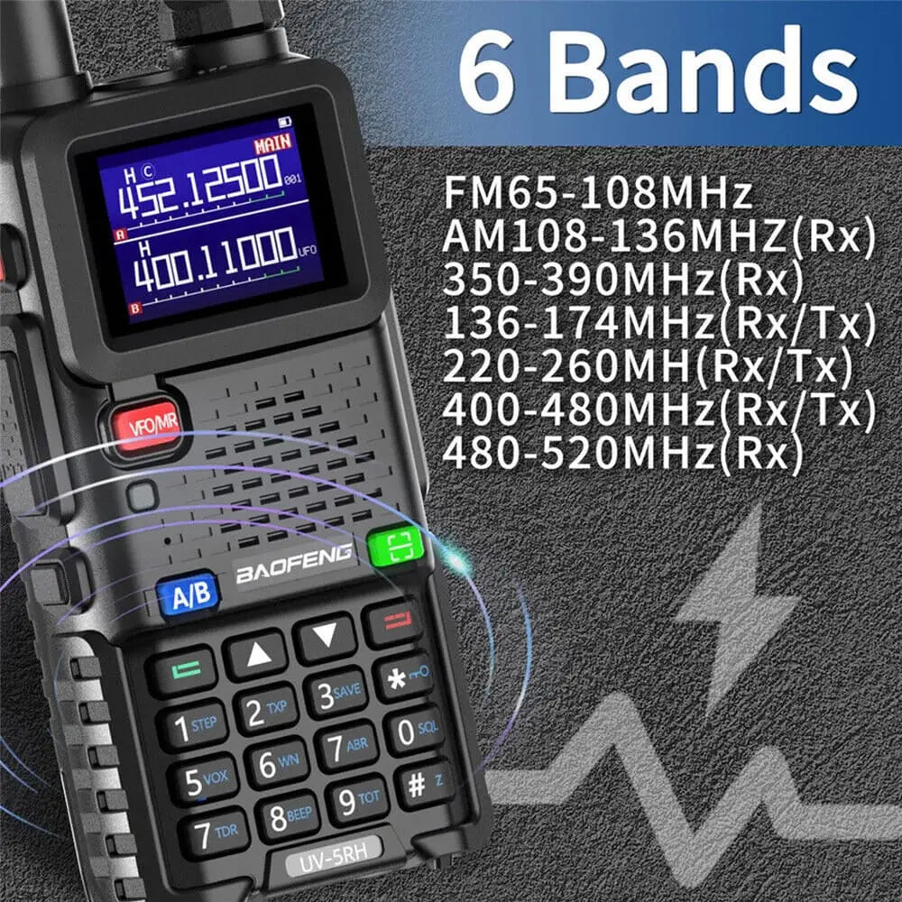 Baofeng BF-5RH Multi-Band Funkgerät mit 6 unterstützten Frequenzbändern: FM, AM (Rx), 350-390MHz (Rx), 136-174MHz (Rx/Tx), 220-260MHz (Rx/Tx), 400-480MHz (Rx/Tx), 480-520MHz (Rx).