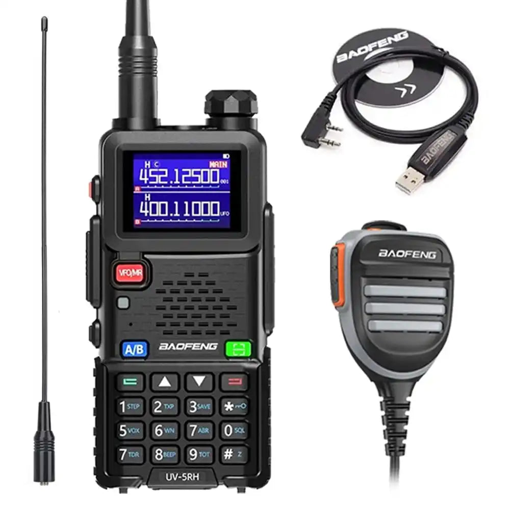 Baofeng BF-5RH 10W Multi-Band Langstrecken-Walkie-Talkie-Set mit wasserdichtem Lautsprechermikrofon, Programmierkabel und NA-771 Antenne.