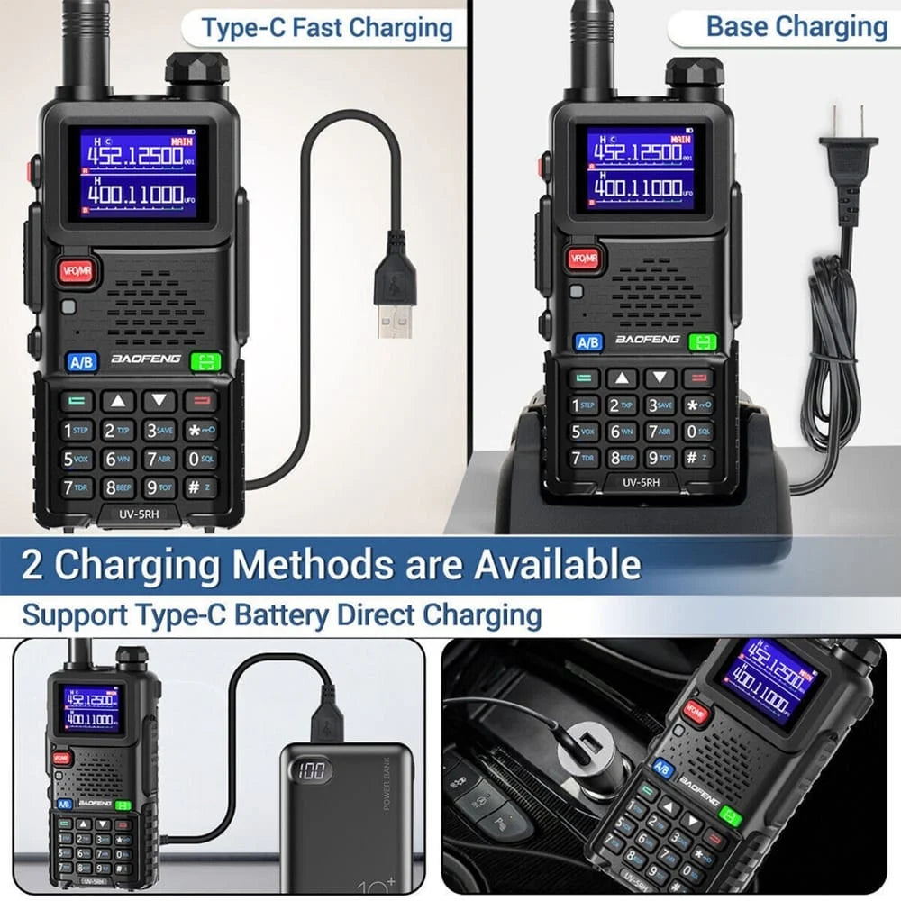 Baofeng BF-5RH Walkie-Talkie mit zwei Lademethoden: Typ-C Schnellladung (direkt oder über Powerbank/Auto) und Basis-Ladestation.