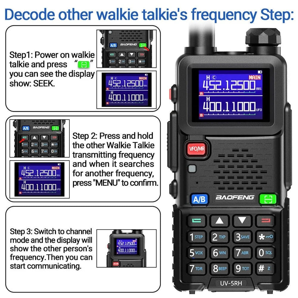 Baofeng BF-5RH Walkie-Talkie Frequenz-Decoder-Funktion: Schritt-für-Schritt-Anleitung zum drahtlosen Kopieren von Frequenzen anderer Funkgeräte.