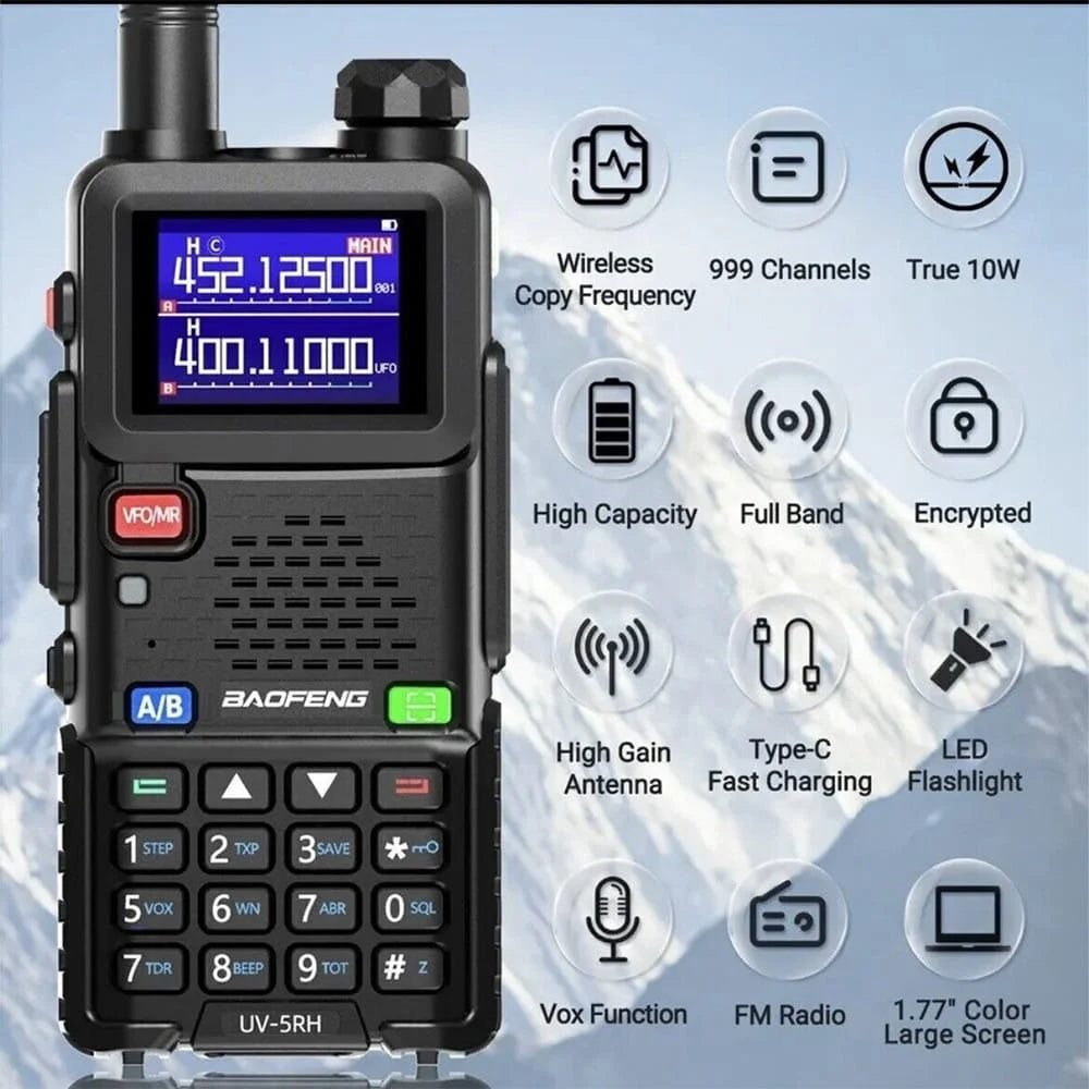 Baofeng BF-5RH Multi-Band Walkie-Talkie mit Hauptmerkmalen: Kabellose Frequenzkopie, 999 Kanäle, 10W Leistung, hoher Akku, Full Band, verschlüsselt, High Gain Antenne, Typ-C Schnellladung, LED-Taschenlampe, Vox-Funktion, FM-Radio, 1.77 Zoll Farbdisplay.