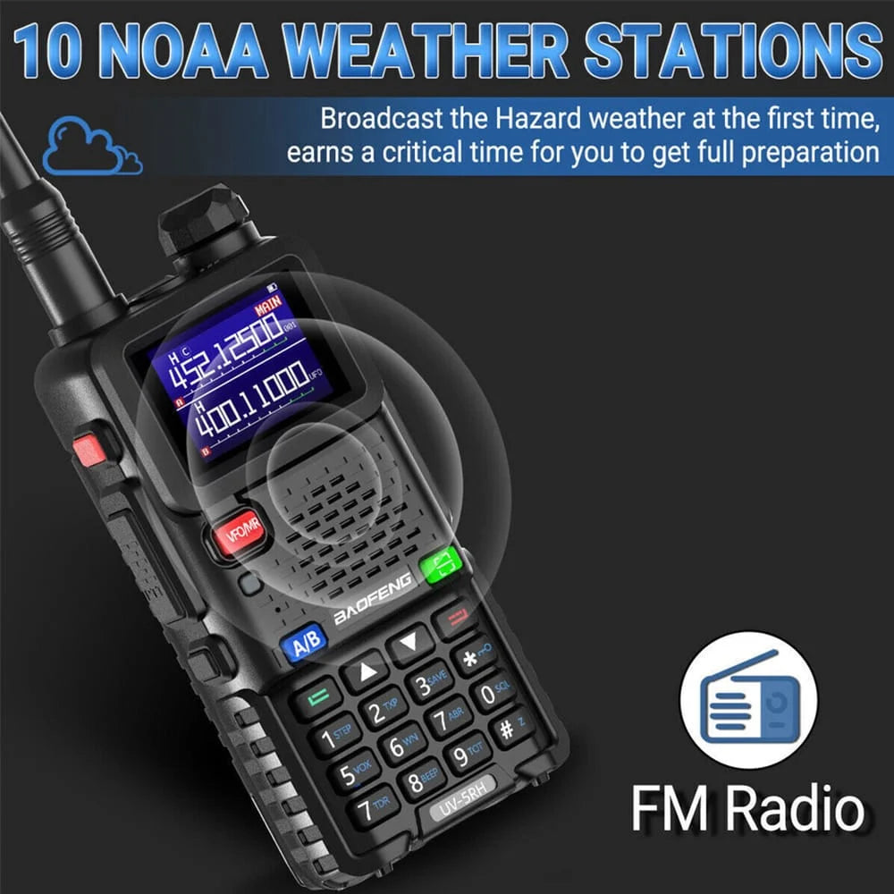 Baofeng BF-5RH Funkgerät mit 10 NOAA-Wetterstationen und FM-Radiofunktion für Wetterwarnungen und Unterhaltung.