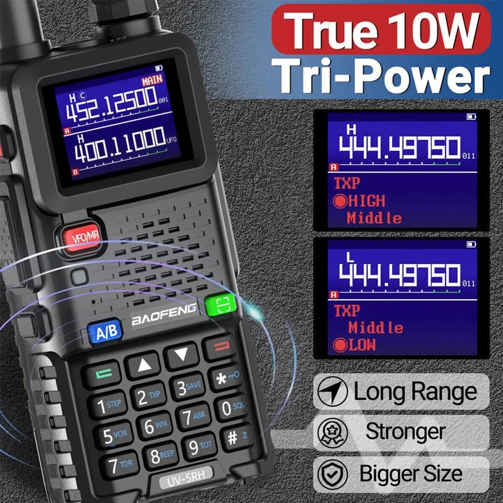 Baofeng BF-5RH Walkie-Talkie mit echter 10W Tri-Power-Leistung für lange Reichweite, Stärke und größere Abdeckung. Zeigt Hoch-, Mittel- und Niedrigleistungsmodi.