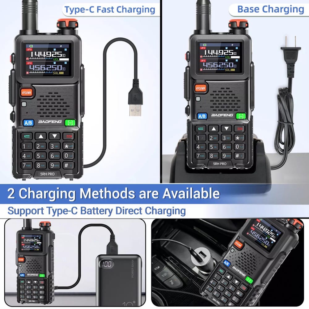 Baofeng BF-5RH Pro Funkgerät mit zwei Lademethoden: Type-C Schnellladung und Basisstation