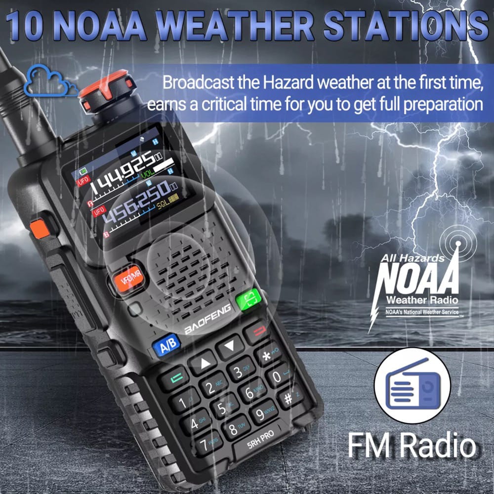 Baofeng BF-5RH Pro Funkgerät mit 10 NOAA Wetterstationen und FM-Radio für Notfallwarnungen