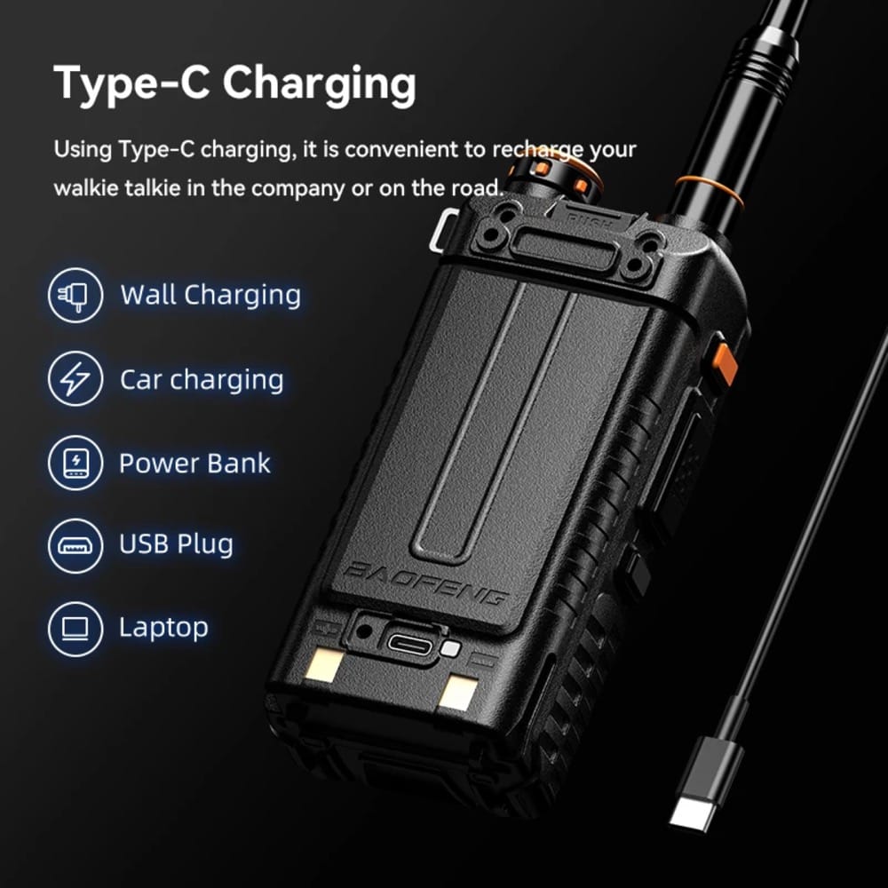 Baofeng BF-5RH Pro Walkie-Talkie Type-C Ladeoptionen: Wand, Auto, Powerbank, USB und Laptop