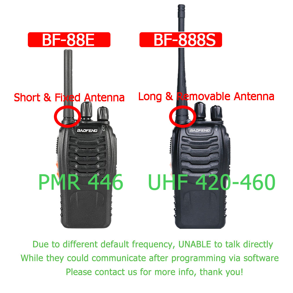 Vergleich von Baofeng BF-88E (PMR446 mit kurzer, fester Antenne) und BF-888S (UHF 420-460 mit langer, abnehmbarer Antenne), Hinweis auf Inkompatibilität ohne Software-Programmierung.