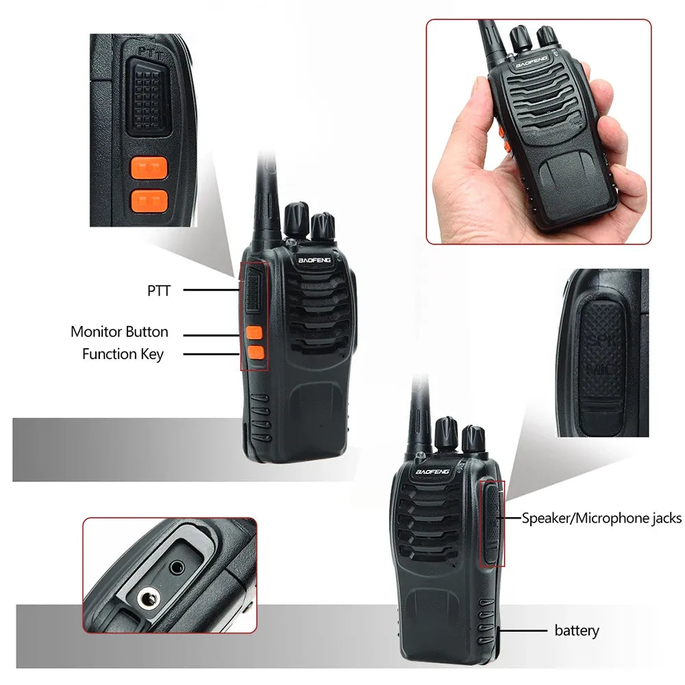 Baofeng BF-888S PMR446 Funkgerät Seitenansicht mit Beschriftung der Tasten: PTT, Monitor-Taste und Funktionstaste, sowie Buchsen für Lautsprecher/Mikrofon und Batterie.