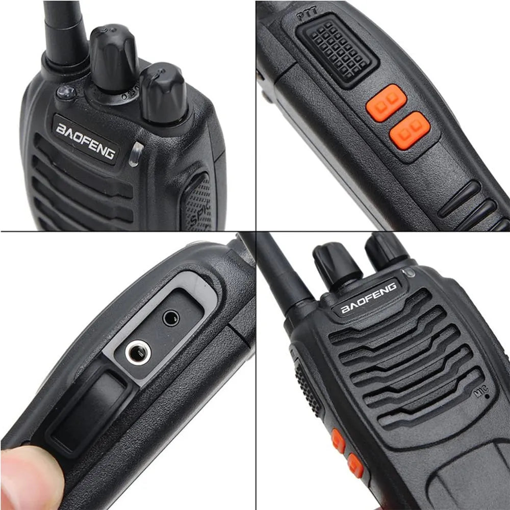Detailansichten des Baofeng BF-888S PMR446 Funkgeräts: PTT-Taste, orangefarbene Funktionstasten und SPK/MIC-Buchse.
