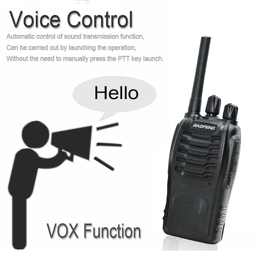 Baofeng BF-888S PMR446 Funkgerät mit aktivierter VOX-Sprachsteuerung, ermöglicht automatische Übertragung ohne PTT-Taste.