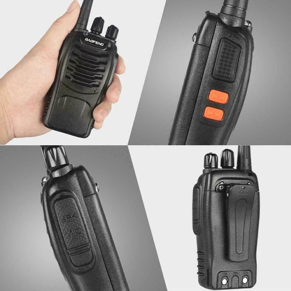 Vier Detailansichten des Baofeng BF-888S Funkgeräts: in der Hand gehalten, die PTT-Taste, die SPK/MIC-Anschlüsse und der Gürtelclip. Hebt die ergonomischen Designmerkmale und Anschlüsse hervor