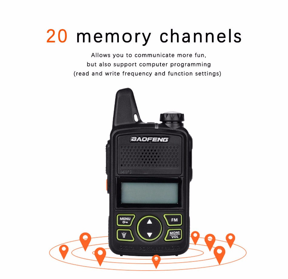 Baofeng BF-T1 Walkie-Talkie, das die Verfügbarkeit von 20 Speicherkanälen und Programmierungsunterstützung hervorhebt.
