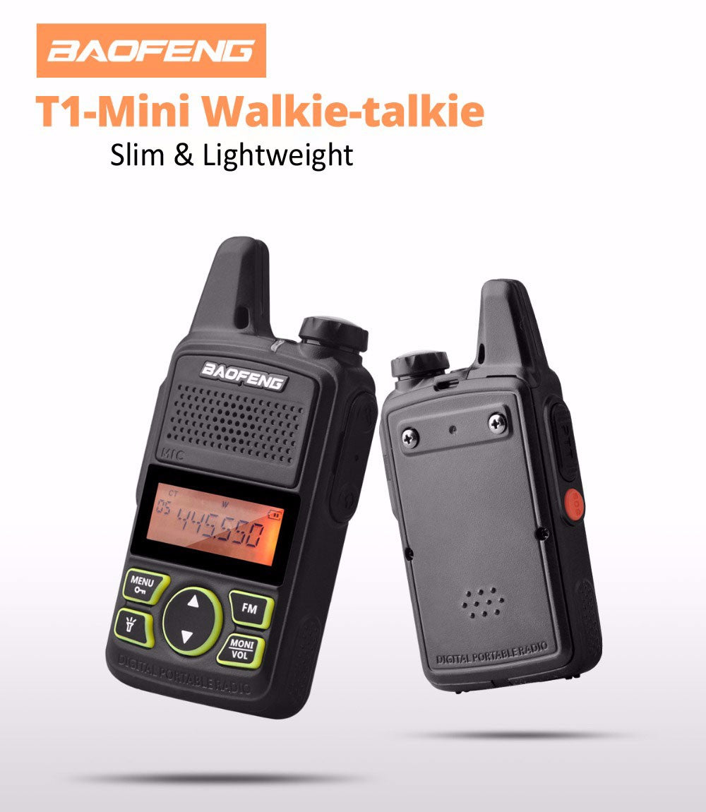 Vorder- und Rückseite des Baofeng T1 Mini-Walkie-Talkies, die das schlanke und leichte Design zeigen.