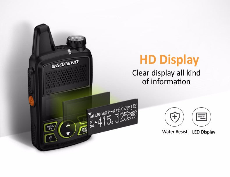 Baofeng BF-T1 Walkie-Talkie mit klarem HD-LED-Display, das alle Informationen übersichtlich anzeigt.