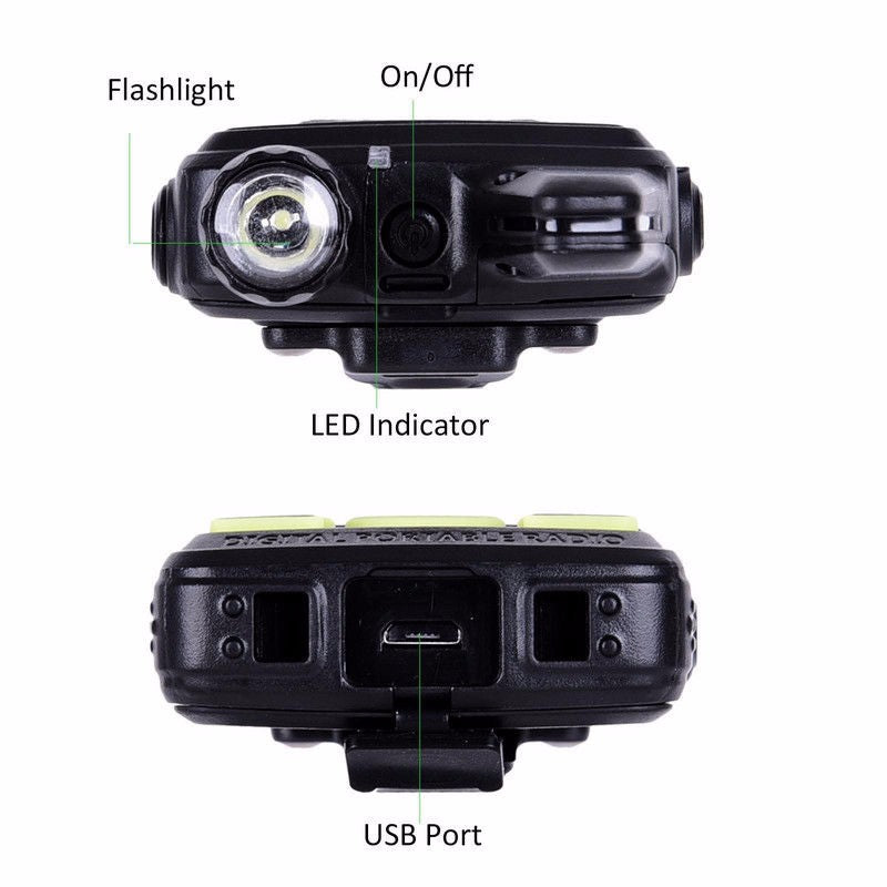  Ober- und Unterseite des Baofeng BF-T1 mit Taschenlampe, Ein/Aus-Schalter, LED-Anzeige und USB-Anschluss.