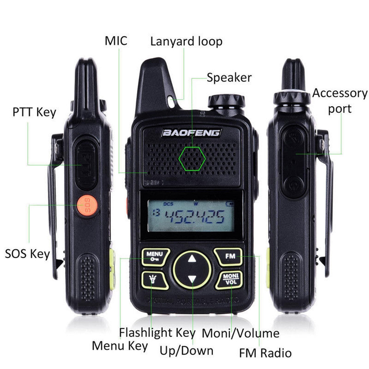 Ansichten des Baofeng BF-T1 Walkie-Talkie von vorne und den Seiten, die alle Funktionstasten und Anschlüsse wie PTT, SOS, Mikrofon und Zubehöranschluss beschriften.