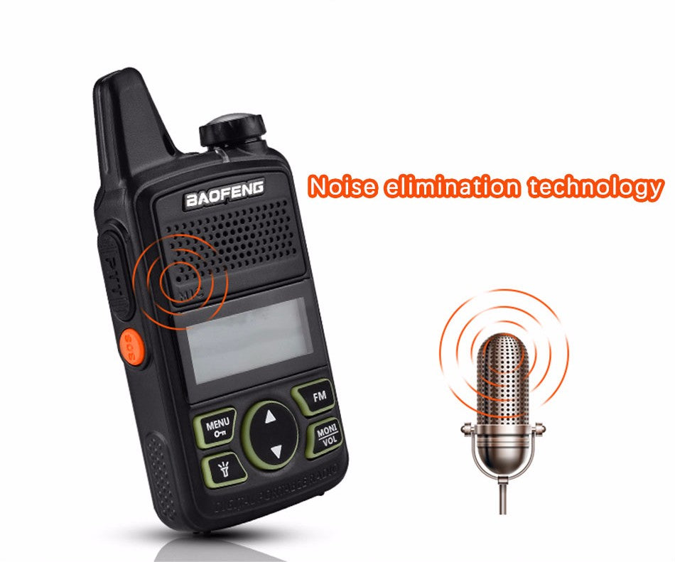  Baofeng BF-T1 Walkie-Talkie mit Geräuschunterdrückungstechnologie, symbolisiert durch Schallwellen und ein Mikrofon.