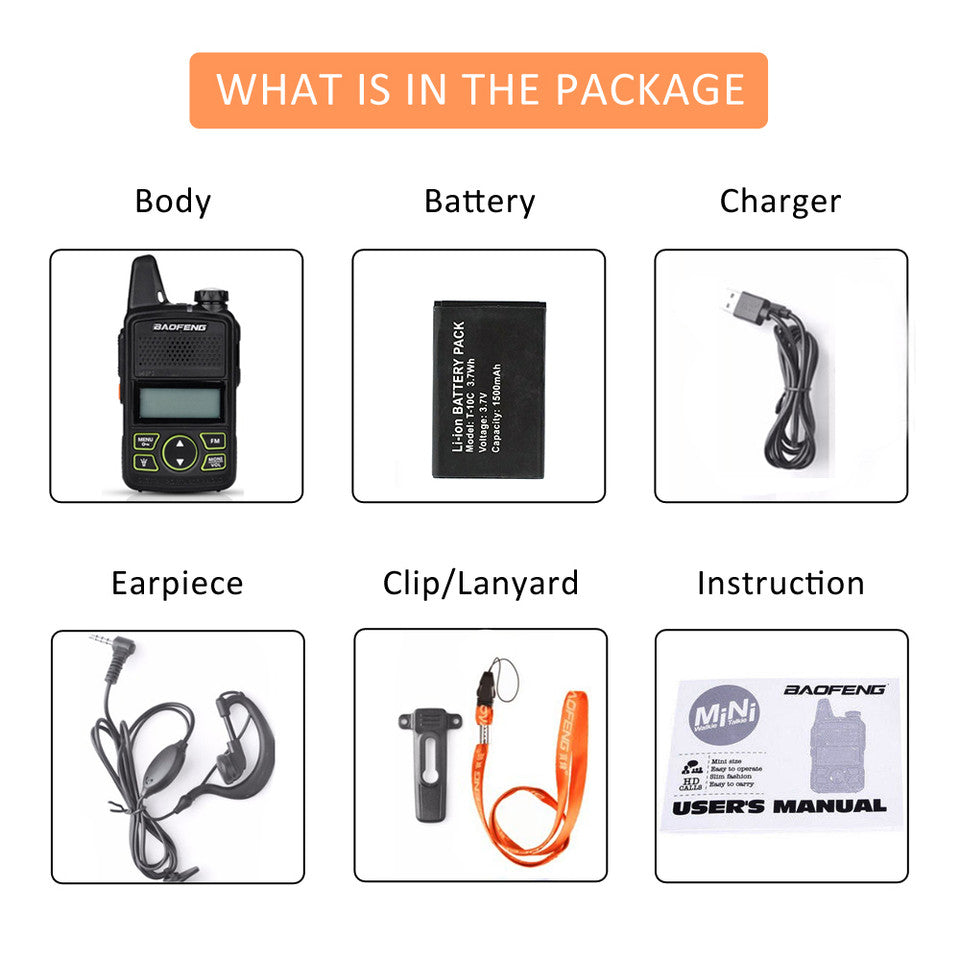 Lieferumfang des Baofeng BF-T1 Walkie-Talkie: Gerät, Akku, Ladegerät, Ohrhörer, Clip/Trageband und Bedienungsanleitung.