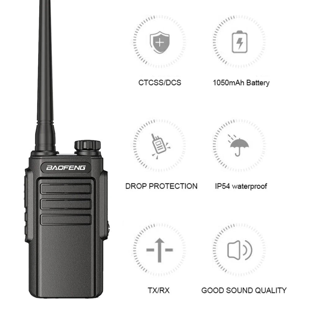 Baofeng BF-W31 Walkie-Talkie mit Symbolen für CTCSS/DCS, 1050mAh Akku, Fallsicherheit, IP54 Wasserdichtigkeit, TX/RX und gute Klangqualität.