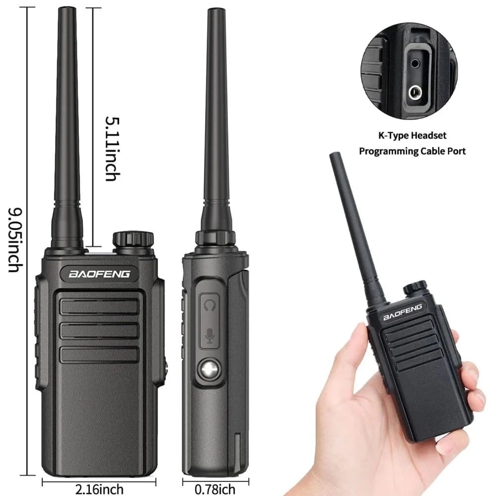 Baofeng BF-W31 Walkie-Talkie mit detaillierten Maßen (Höhe, Breite, Tiefe) und Nahaufnahme des K-Typ Headset- und Programmierkabelanschlusses.