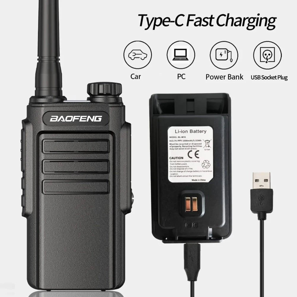 Baofeng BF-W31 Walkie-Talkie mit Li-Ion Akku und USB-C Ladekabel, Icons zeigen schnelle Lademöglichkeiten über Auto, PC, Power Bank und USB-Steckdose.