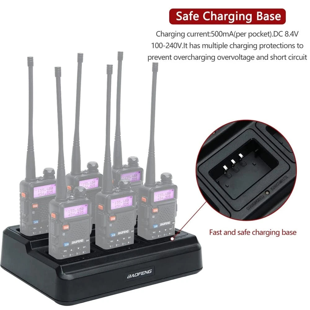 Mehrfachansicht des 6-fach-Ladegeräts für Baofeng UV-5R Funkgeräte und Akkus.