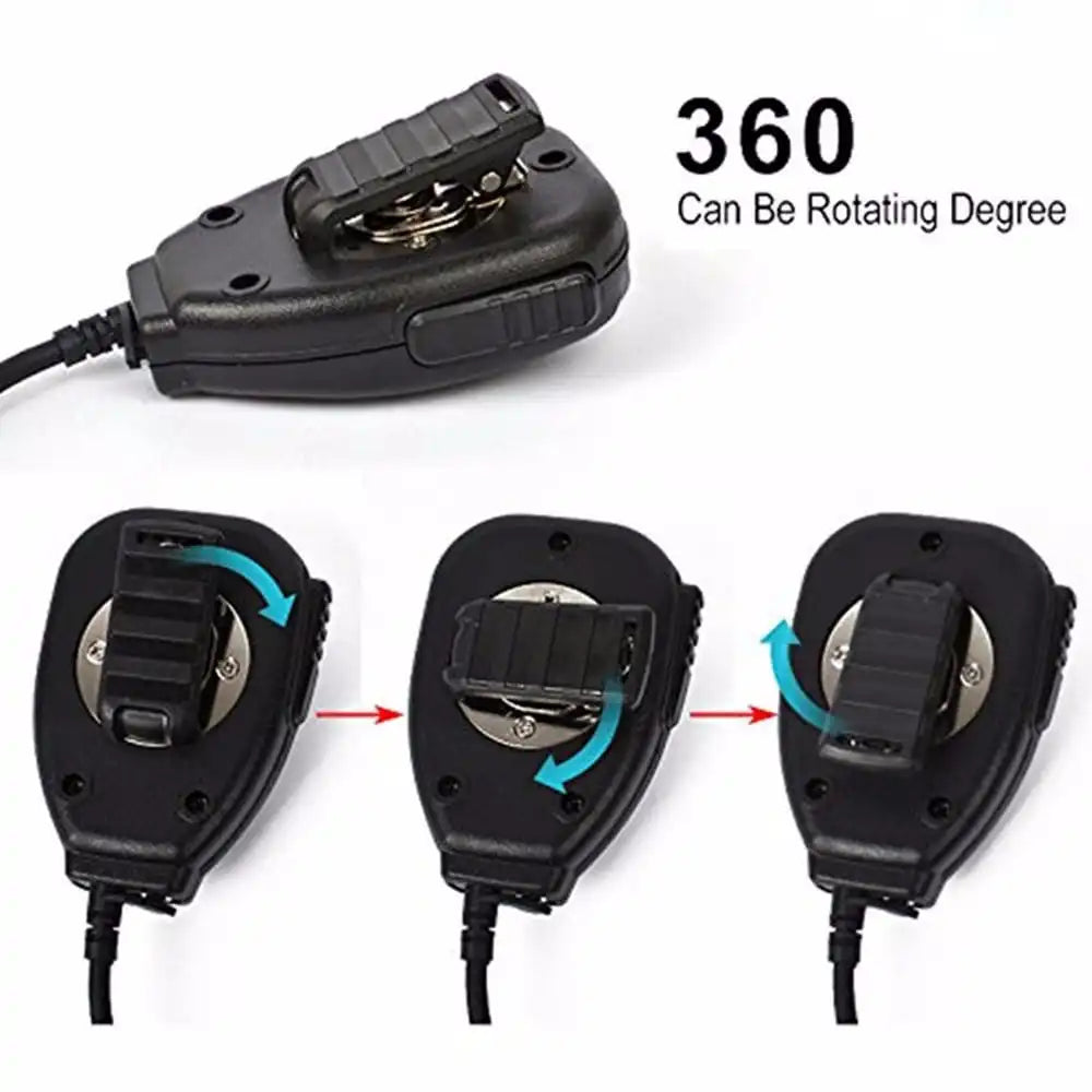 Die gesamte Baofeng PTT-Lautsprechermikrofon-Einheit mit Kabel und Stecker, übersichtlich dargestellt vor einem weißen Hintergrund.